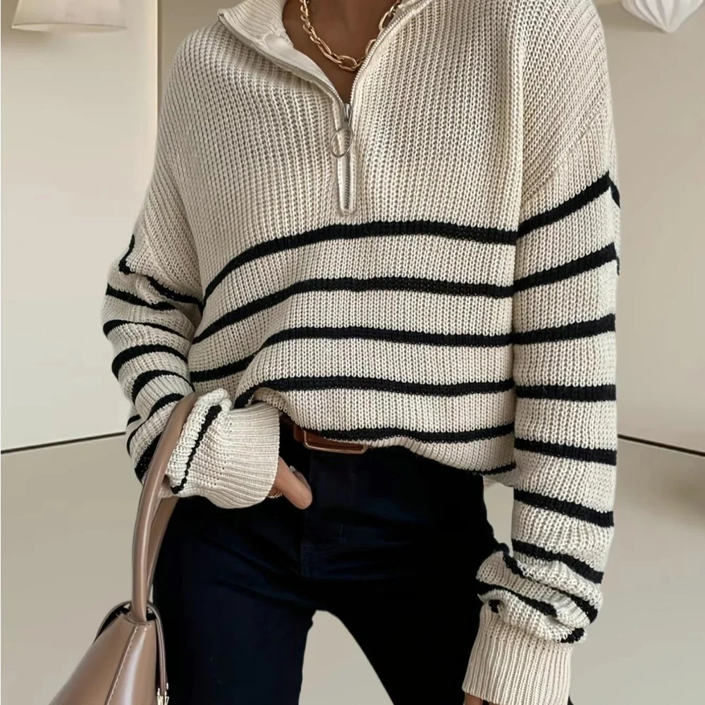 Women’s striped print half zipper sweater